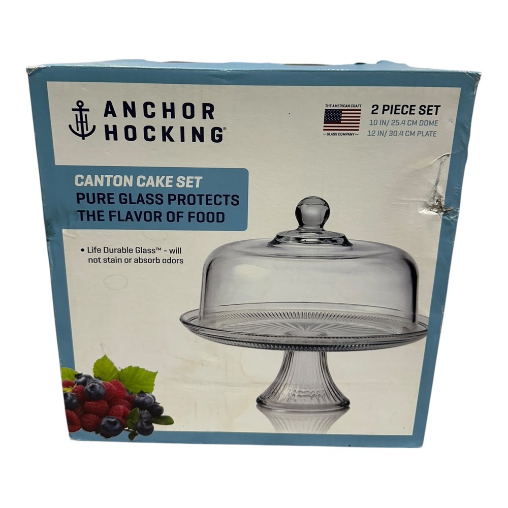 Anchor Hocking Canton Cake Set Glass Pedestal Stand 10" Dome 12" Plate